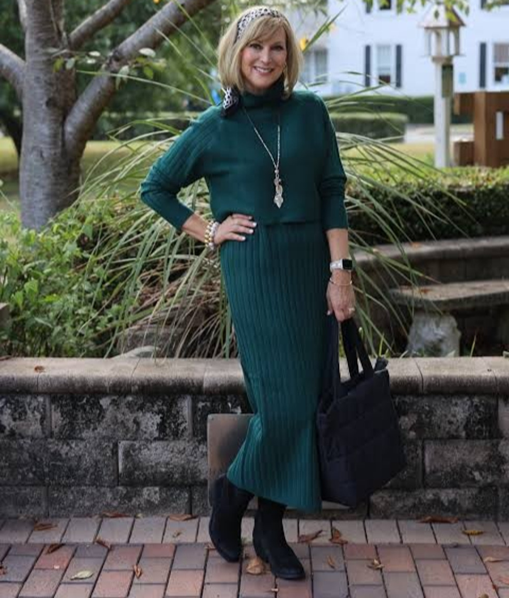 Coldwater Creek Sweater Dress Set XL Forest Green Popover Layered Two Piece